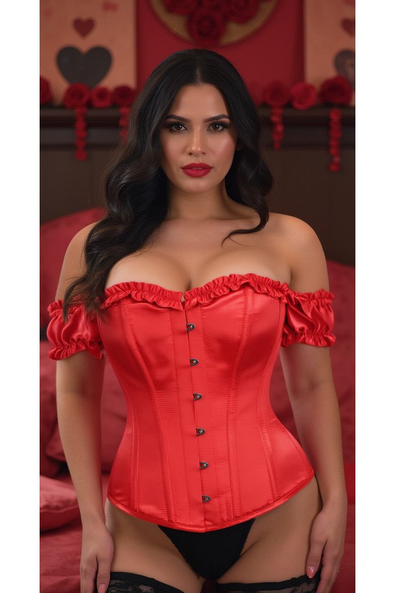 Top Drawer Steel Boned Red Satin Overbust Corset w/Sleeves.