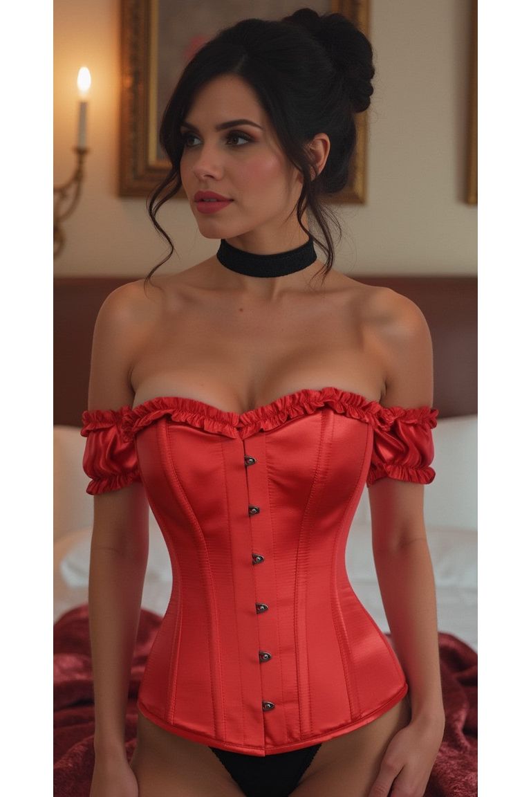 Top Drawer Steel Boned Red Satin Overbust Corset w/Sleeves.