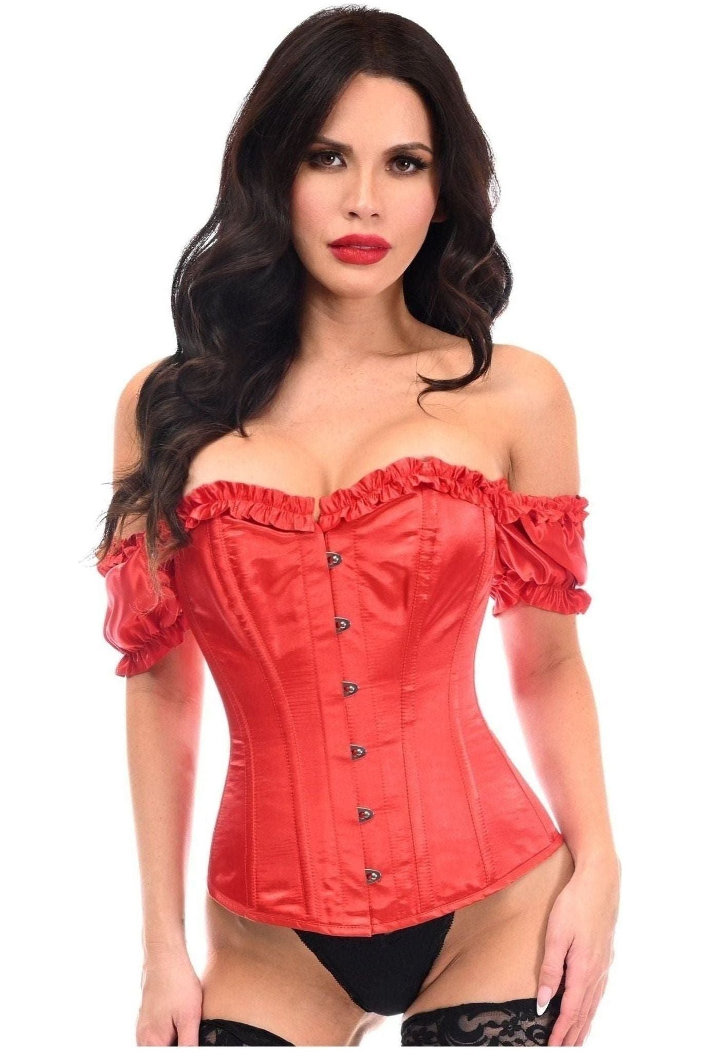 Top Drawer Steel Boned Red Satin Overbust Corset w/Sleeves.