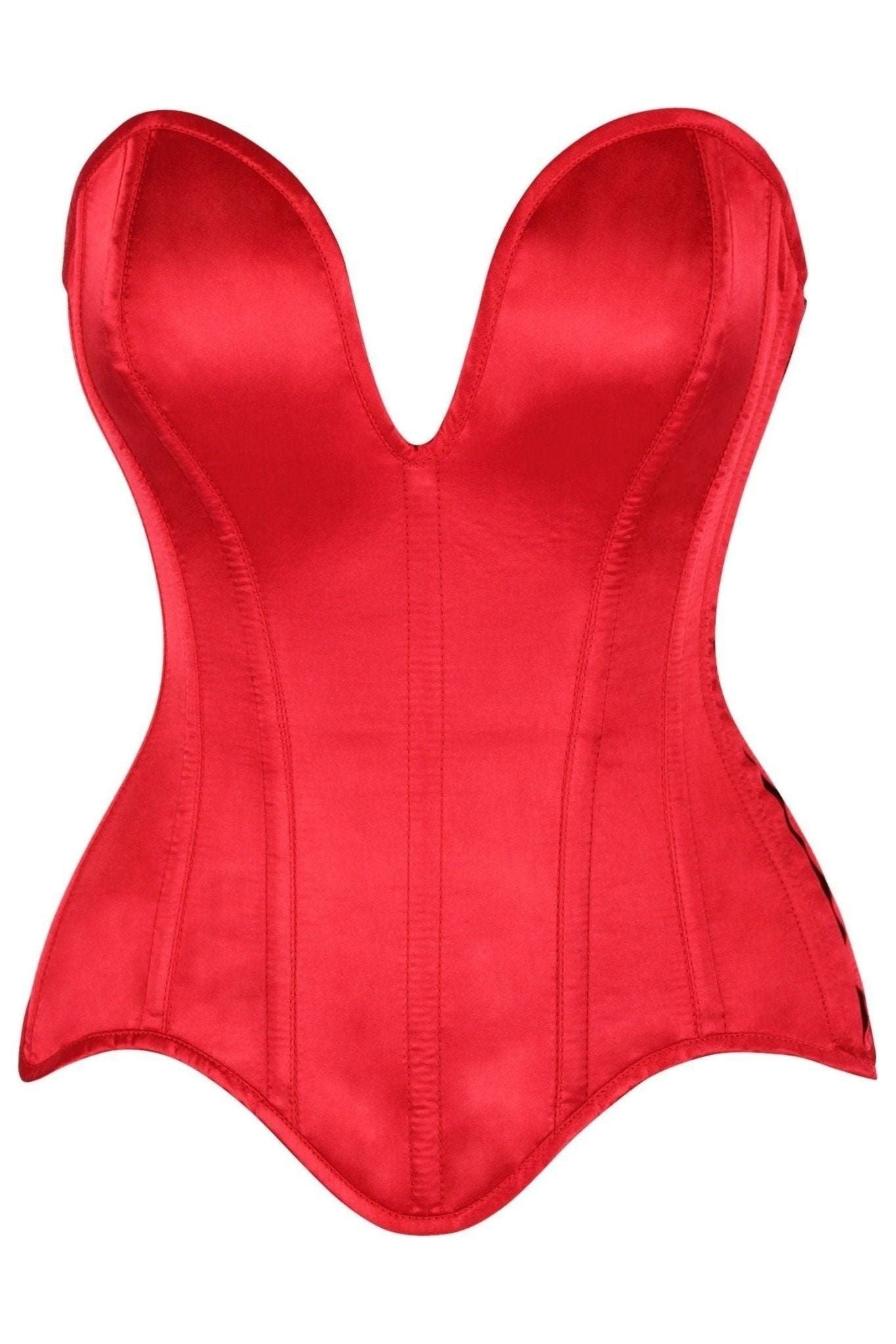 Top Drawer Steel Boned Red Satin Plunge Neckline Overbust Corset.