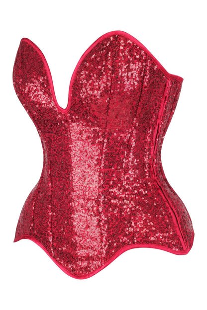 Top Drawer Steel Boned Red Sequin Plunge Neckline Overbust Corset.