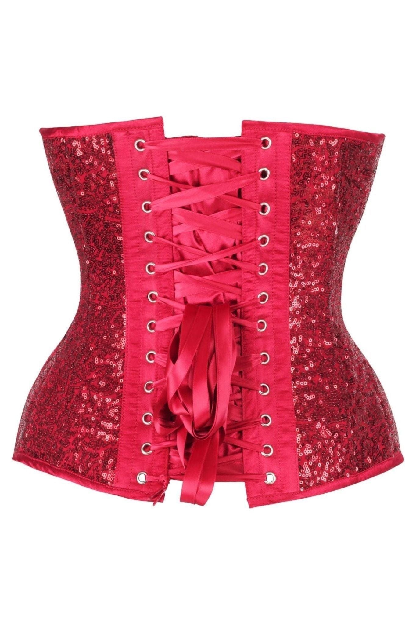 Top Drawer Steel Boned Red Sequin Plunge Neckline Overbust Corset.