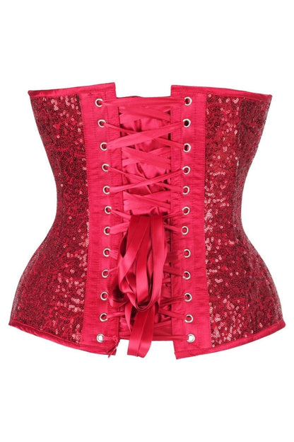 Top Drawer Steel Boned Red Sequin Plunge Neckline Overbust Corset.