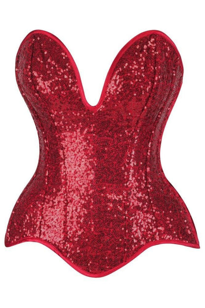 Top Drawer Steel Boned Red Sequin Plunge Neckline Overbust Corset