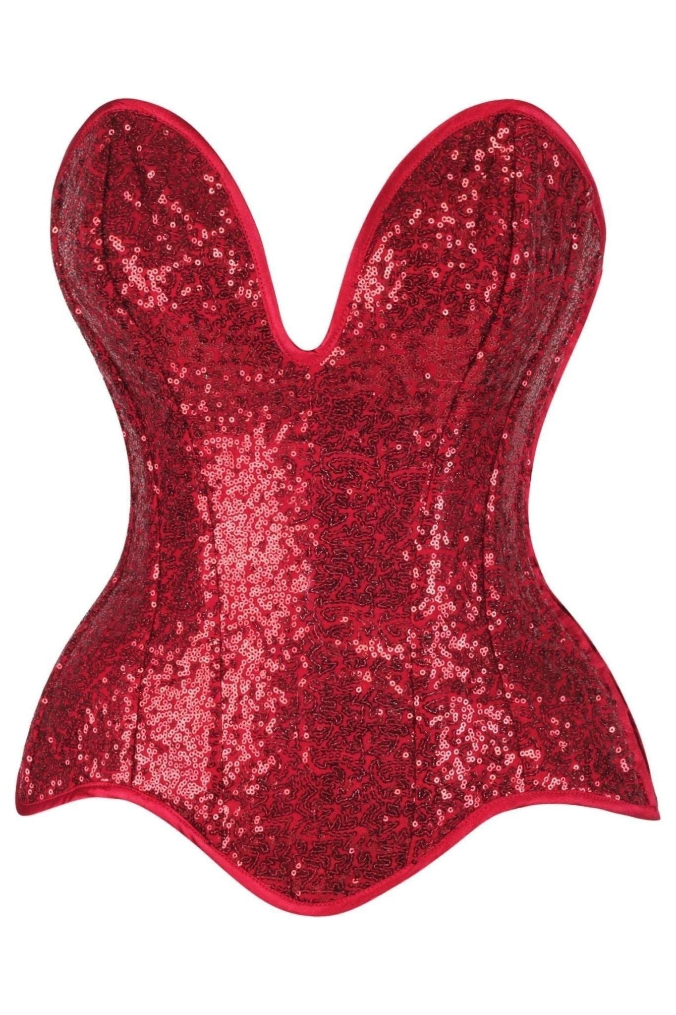 Top Drawer Steel Boned Red Sequin Plunge Neckline Overbust Corset.