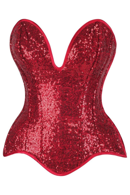 Top Drawer Steel Boned Red Sequin Plunge Neckline Overbust Corset.