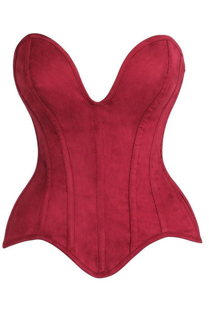 Top Drawer Steel Boned Red Suede Deep Plunge Overbust Corset Top