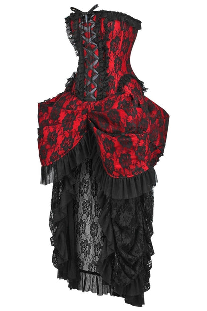 Top Drawer Steel Boned Red w/Black Lace Bustle Corset Dress.