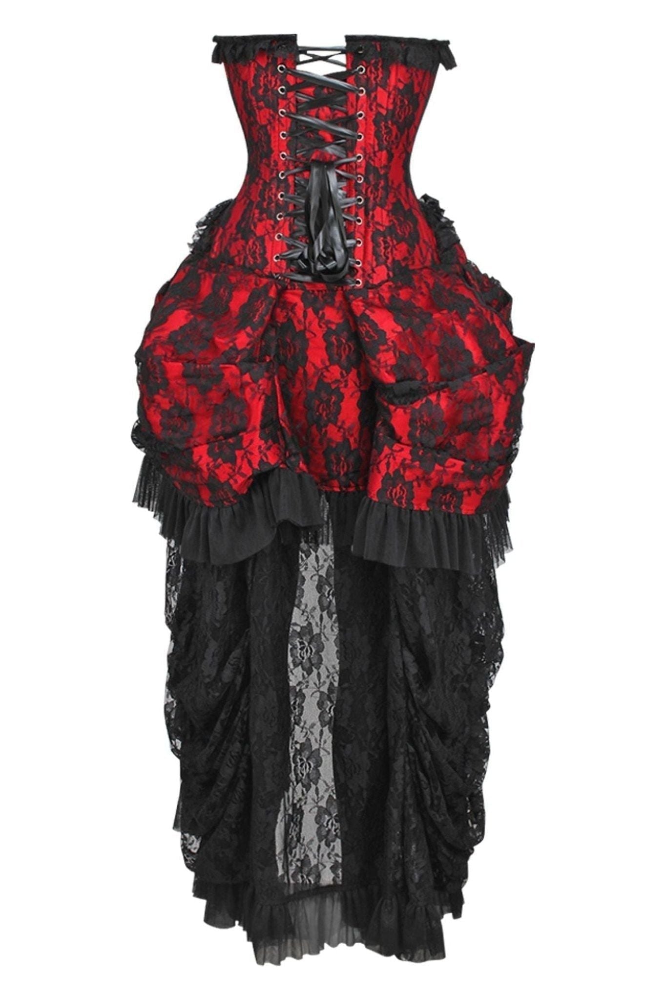 Top Drawer Steel Boned Red w/Black Lace Bustle Corset Dress.