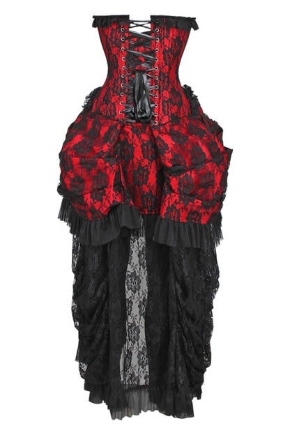 Top Drawer Steel Boned Red w/Black Lace Bustle Corset Dress.