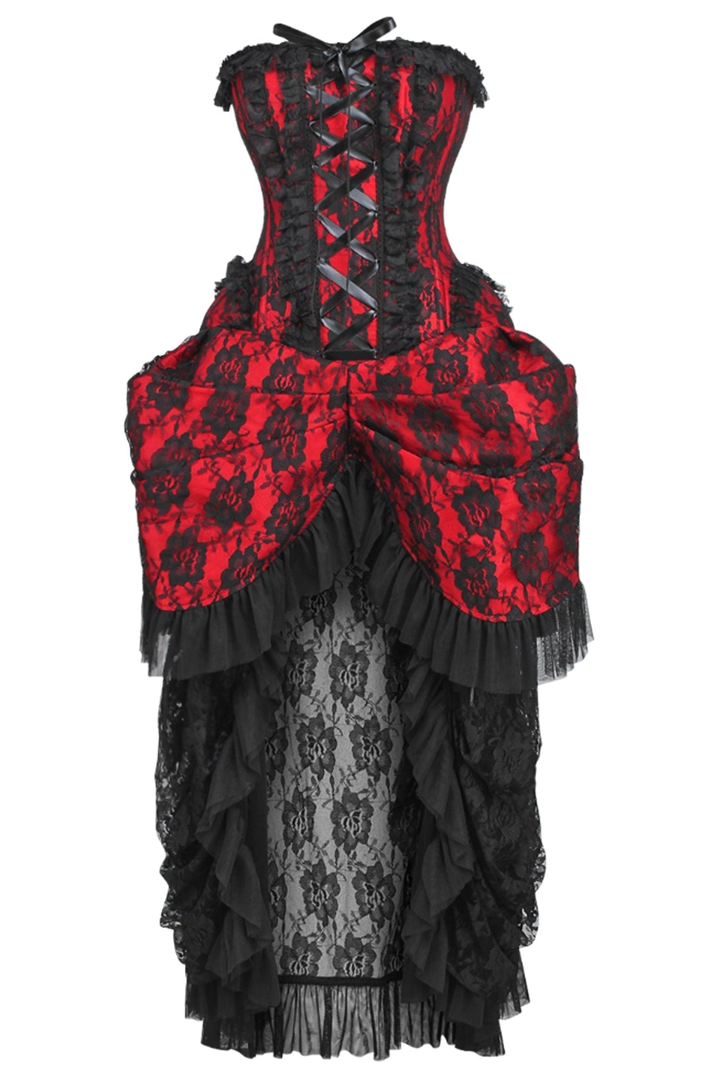 Top Drawer Steel Boned Red w/Black Lace Bustle Corset Dress.