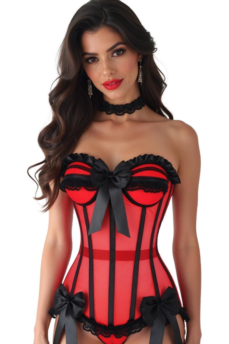 Top Drawer Steel Boned Red/Black Mesh Underwire Bustier Corset.