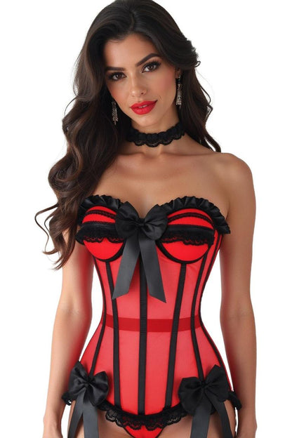 Top Drawer Steel Boned Red/Black Mesh Underwire Bustier Corset.