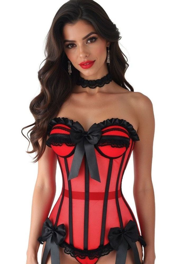 Top Drawer Steel Boned Red/Black Mesh Underwire Bustier Corset
