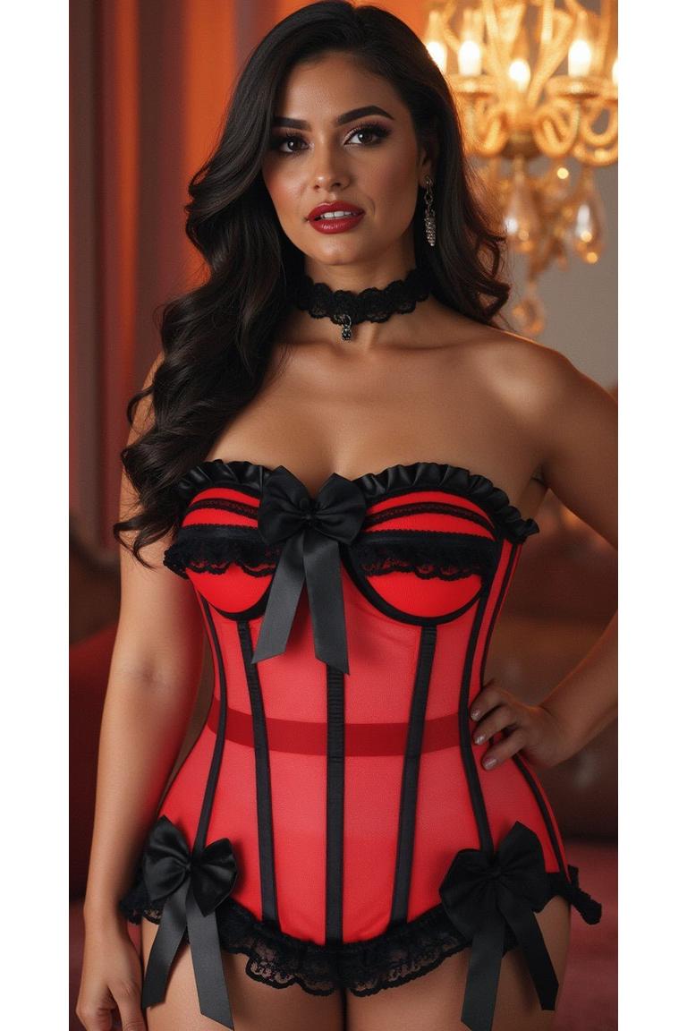 Top Drawer Steel Boned Red/Black Mesh Underwire Bustier Corset.