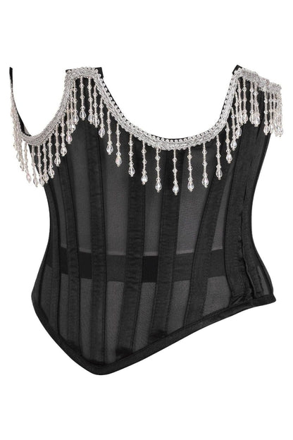 Top Drawer Steel Boned Sheer Underwire Waist Cincher w/Fringe.