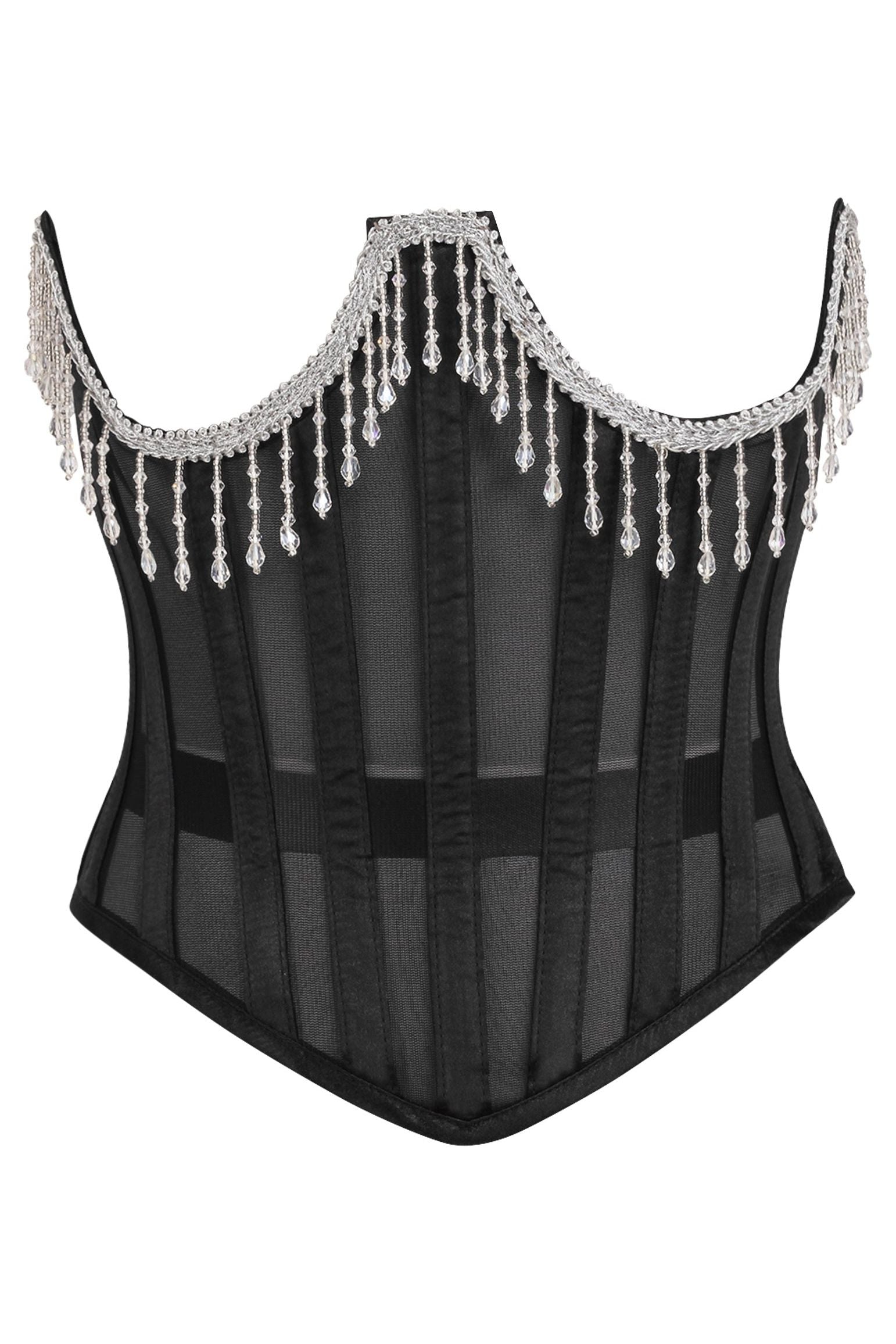 Top Drawer Steel Boned Sheer Underwire Waist Cincher w/Fringe.