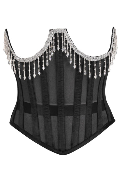 Top Drawer Steel Boned Sheer Underwire Waist Cincher w/Fringe.