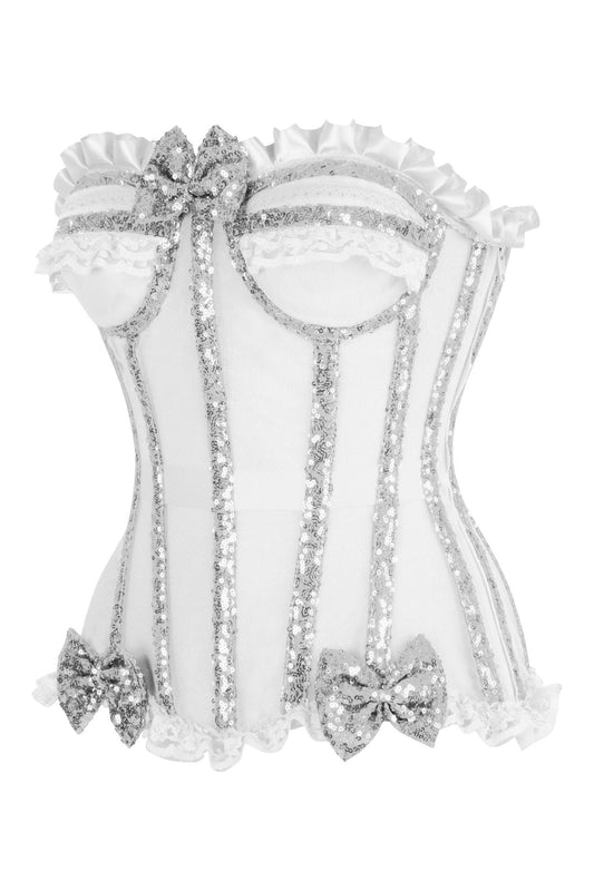 Top Drawer Steel Boned Silver Sequin Underwire Bustier Corset.