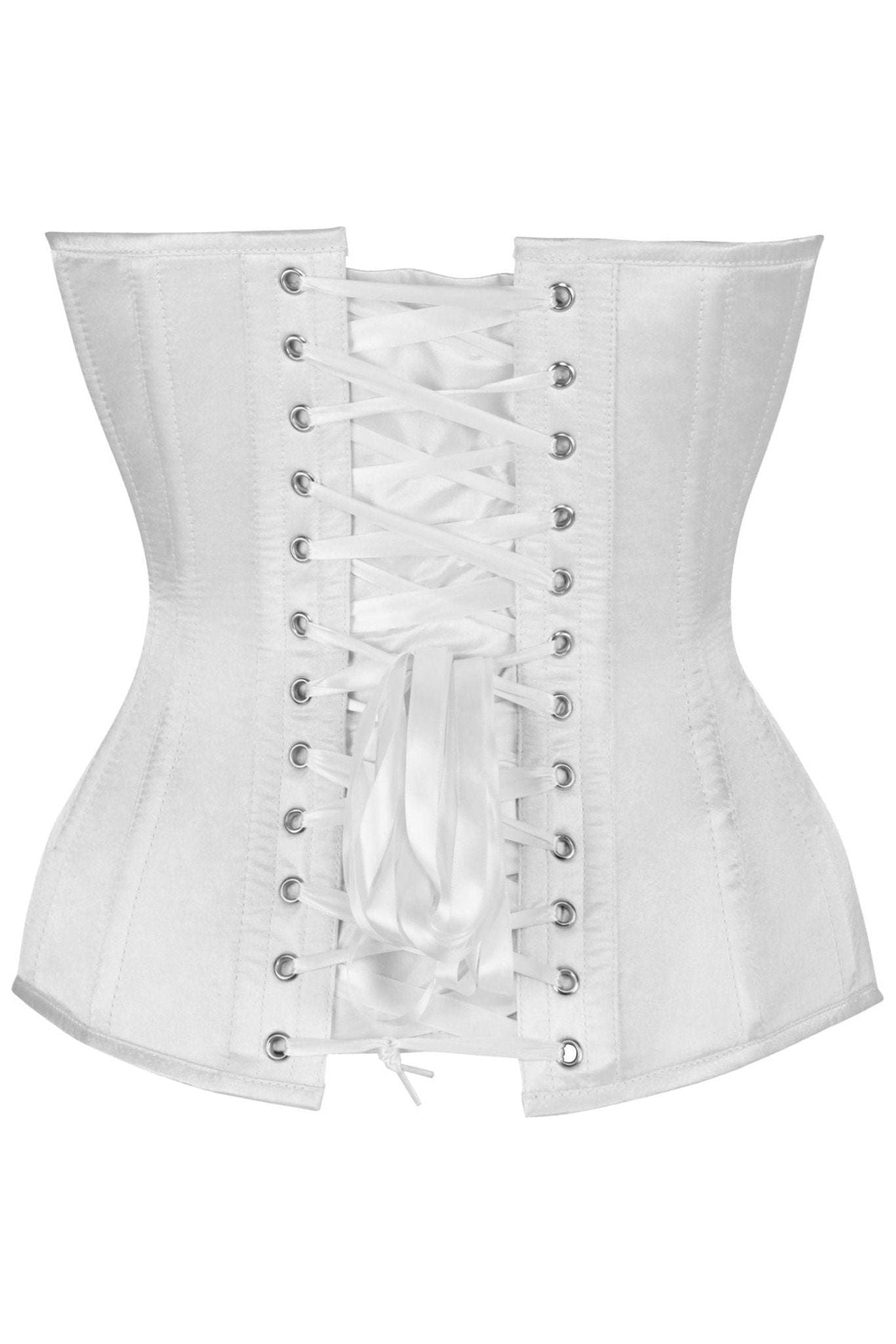 Top Drawer Steel Boned White Satin Plunge Neckline Overbust Corset.