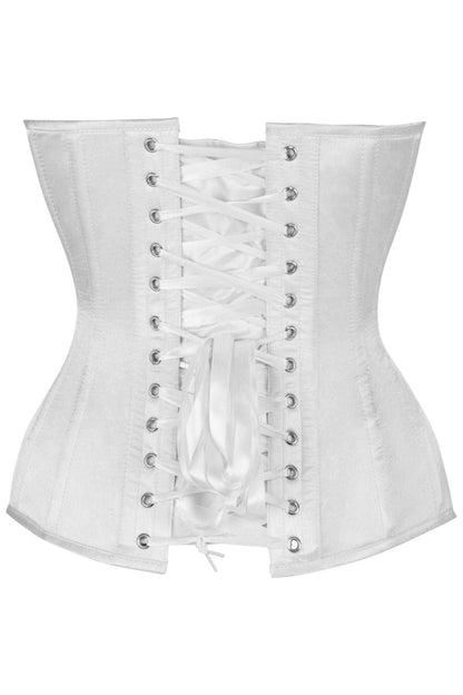 Top Drawer Steel Boned White Satin Plunge Neckline Overbust Corset.