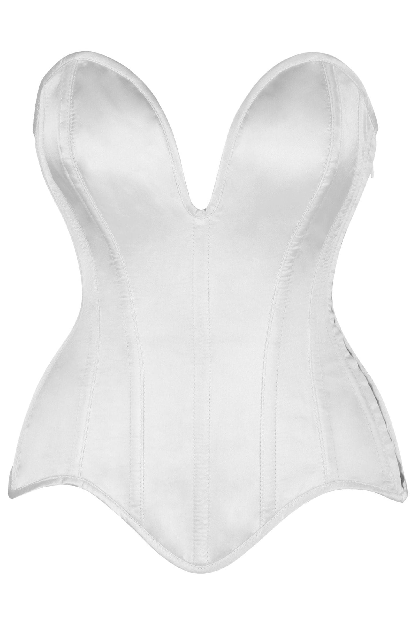 Top Drawer Steel Boned White Satin Plunge Neckline Overbust Corset.