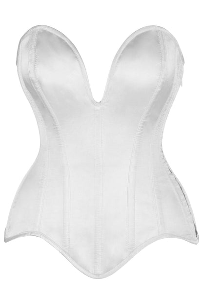 Top Drawer Steel Boned White Satin Plunge Neckline Overbust Corset.
