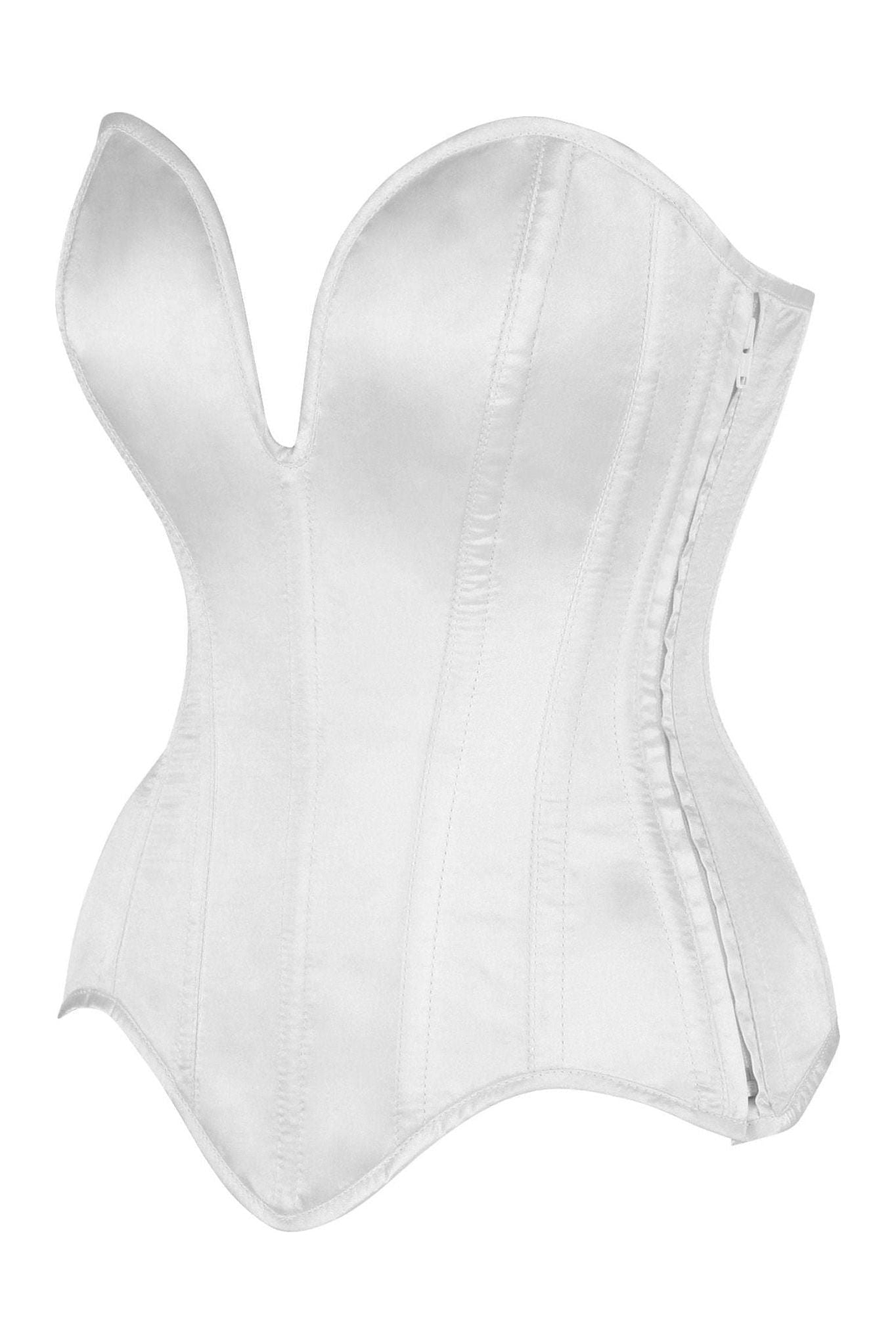 Top Drawer Steel Boned White Satin Plunge Neckline Overbust Corset.