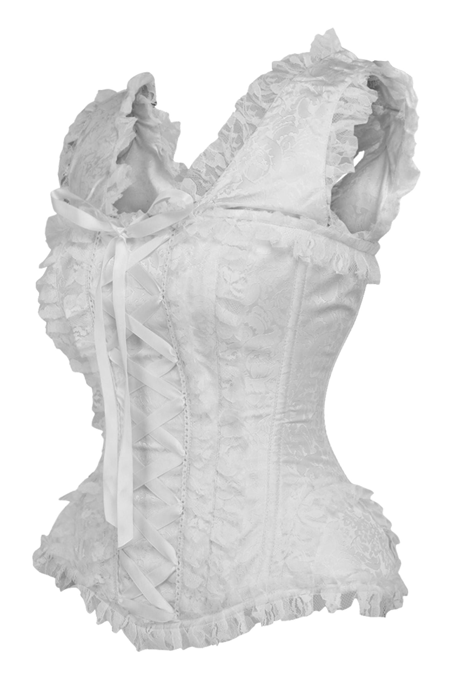 Top Drawer White Brocade & Lace Steel Boned Corset w/Cap Sleeves.