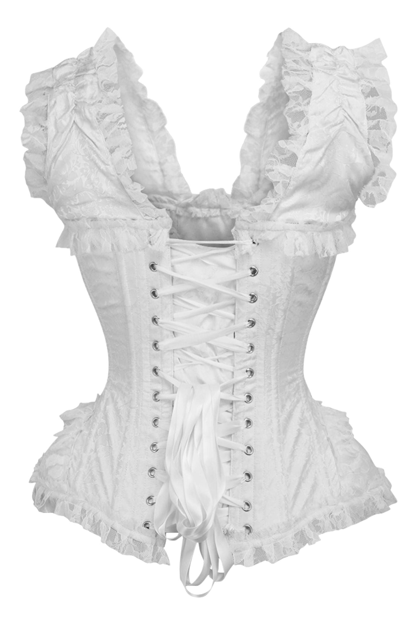 Top Drawer White Brocade & Lace Steel Boned Corset w/Cap Sleeves.