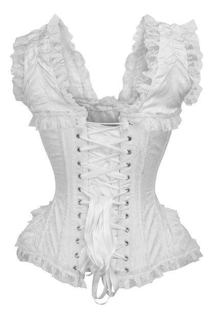 Top Drawer White Brocade & Lace Steel Boned Corset w/Cap Sleeves.