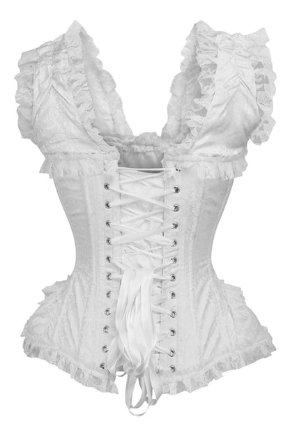 Top Drawer White Brocade & Lace Steel Boned Corset w/Cap Sleeves