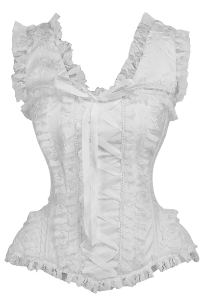 Top Drawer White Brocade & Lace Steel Boned Corset w/Cap Sleeves.