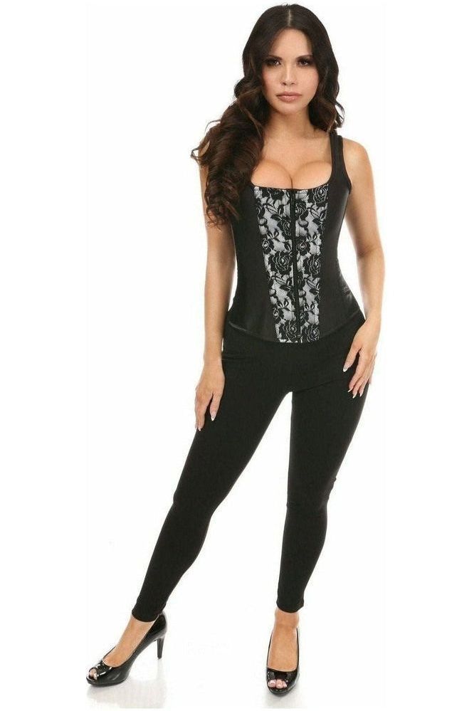 Top Drawer White Satin w/Black Lace Overlay Steel Boned Uniforming Corset w/Straps