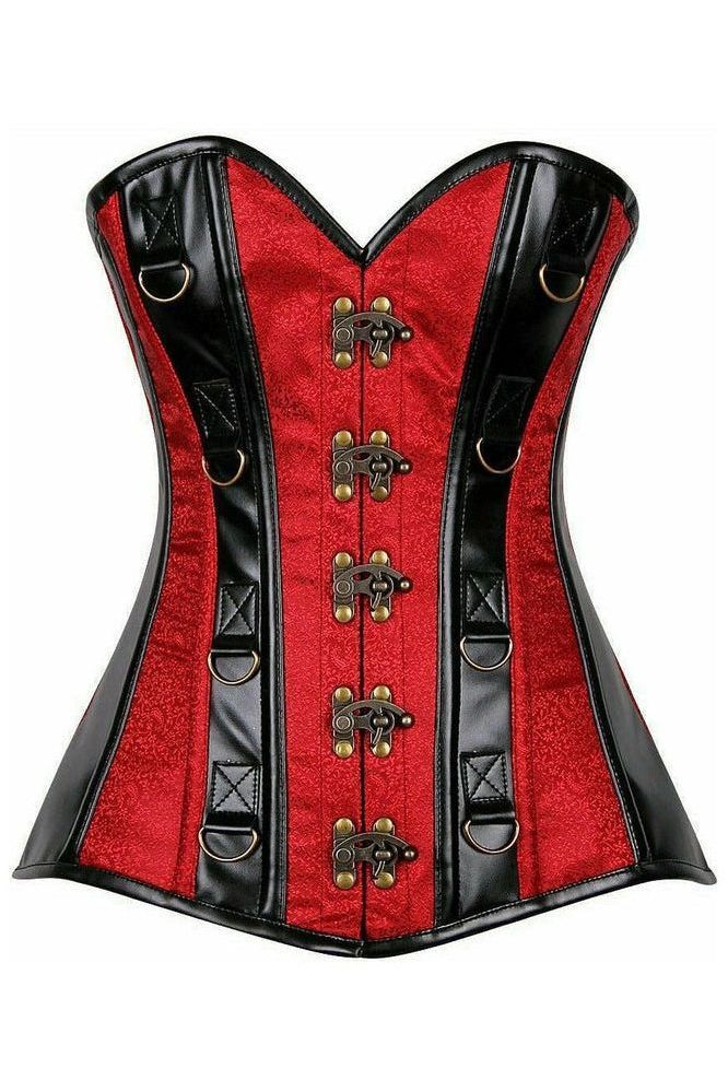 Top Drawer Wine Red Brocade & Faux Leather Steel Boned Corset