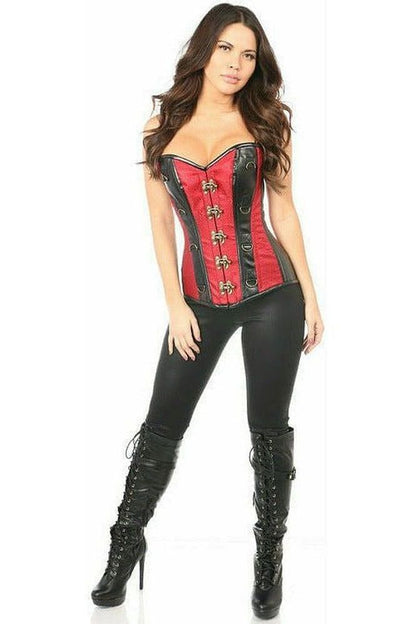 Top Drawer Wine Red Brocade & Faux Leather Steel Boned Corset