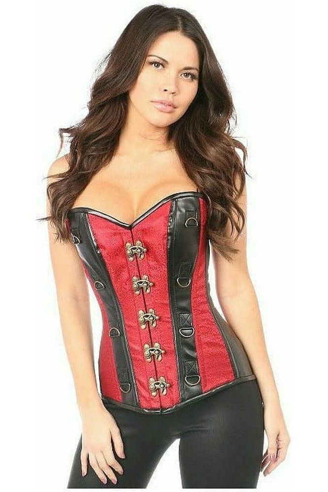 Top Drawer Wine Red Brocade & Faux Leather Steel Boned Corset