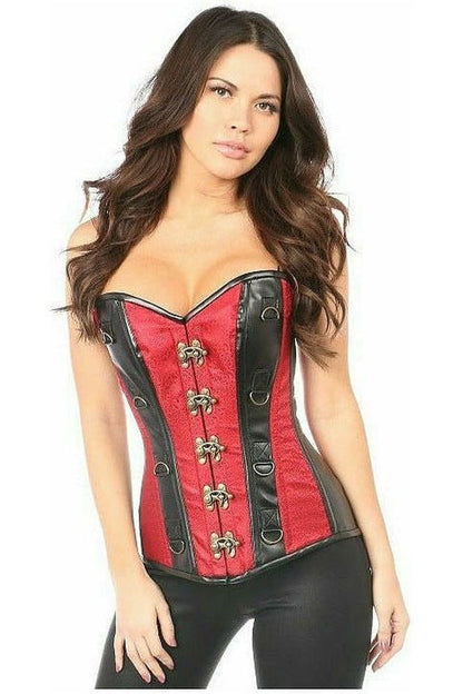 Top Drawer Wine Red Brocade & Faux Leather Steel Boned Corset