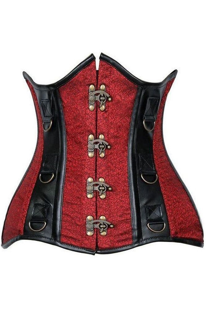 Top Drawer Wine Red Brocade & Faux Leather Steel Boned Under Bust Corset