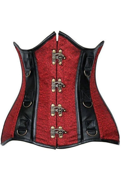 Top Drawer Wine Red Brocade & Faux Leather Steel Boned Under Bust Corset