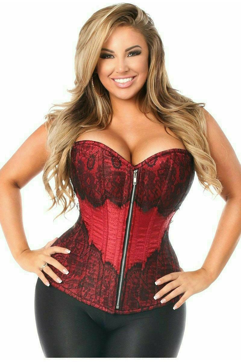 Top Drawer Wine Red Brocade Steel Boned Corset w/Black Eyelash Lace