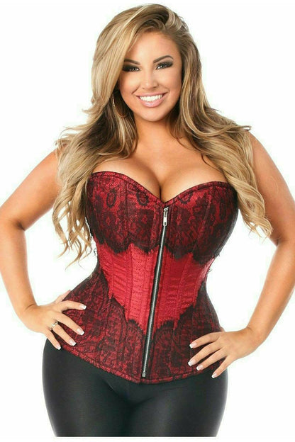 Top Drawer Wine Red Brocade Steel Boned Corset w/Black Eyelash Lace