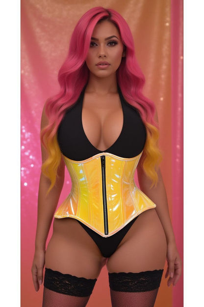 Top Drawer Yellow/Pink Holo Double Steel Boned Underbust Waist Cincher Corset