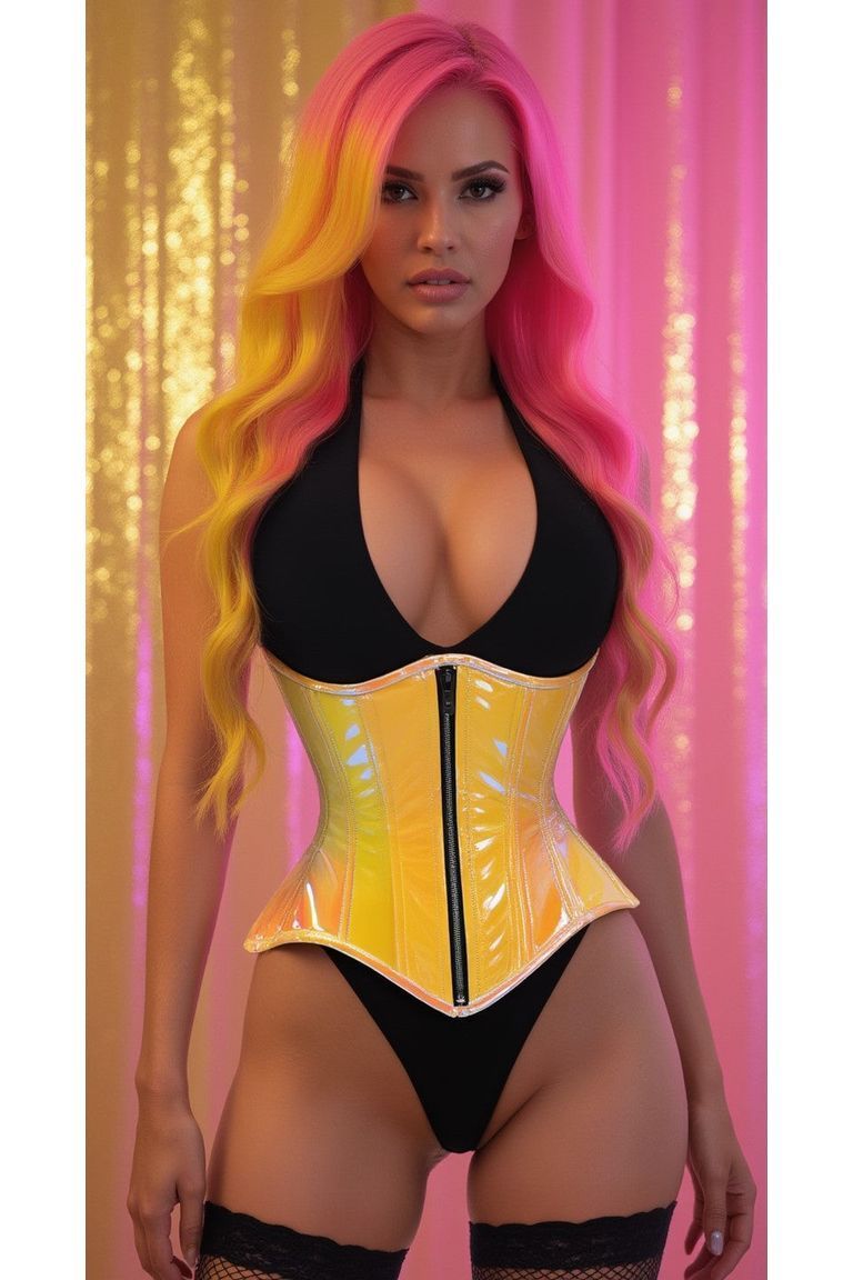 Top Drawer Yellow/Pink Holo Double Steel Boned Underbust Waist Cincher Corset