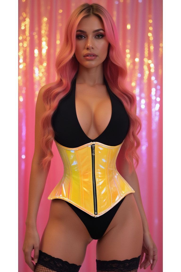 Top Drawer Yellow/Pink Holo Double Steel Boned Underbust Waist Cincher Corset