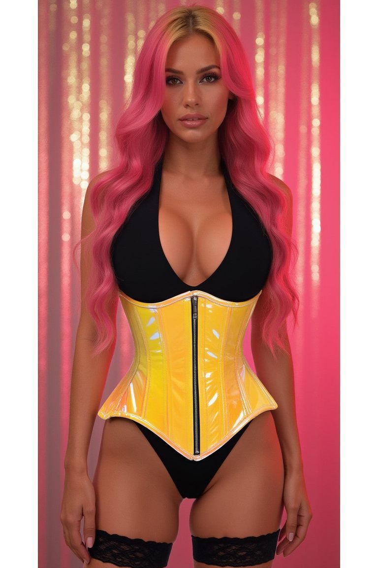Top Drawer Yellow/Pink Holo Double Steel Boned Underbust Waist Cincher Corset