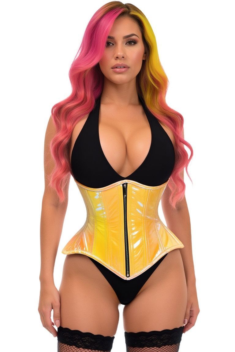Top Drawer Yellow/Pink Holo Double Steel Boned Underbust Waist Cincher Corset