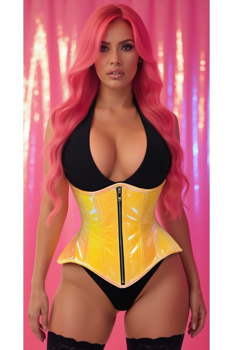 Top Drawer Yellow/Pink Holo Double Steel Boned Underbust Waist Cincher Corset