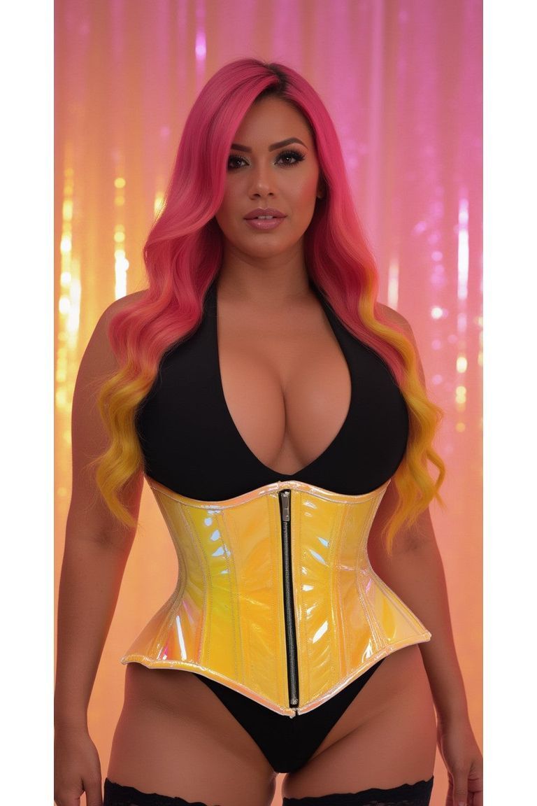 Top Drawer Yellow/Pink Holo Double Steel Boned Underbust Waist Cincher Corset