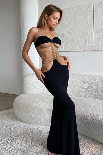 Ultra Sexy Drape Chain Black Dress - Unspoken Fashion